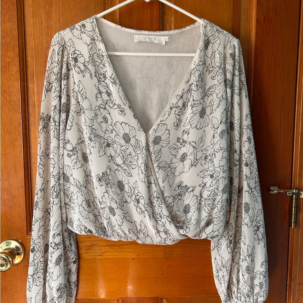 Floral V-Neck Blouse - Black and White